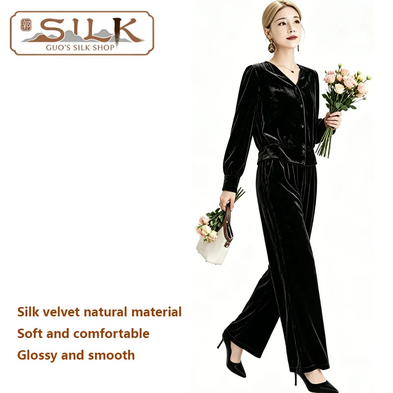 High-end 100% Silk Velvet Women's Suit - V-neck Long-Sleeved Shirt Pants Set Elegant, Luxurious, Fashionable and Casual Style
High-end 100% Silk Velvet Women's Suit - V-neck Long-Sleeved Shirt Pants Set Elegant, Luxurious, Fashionable and Casual Style