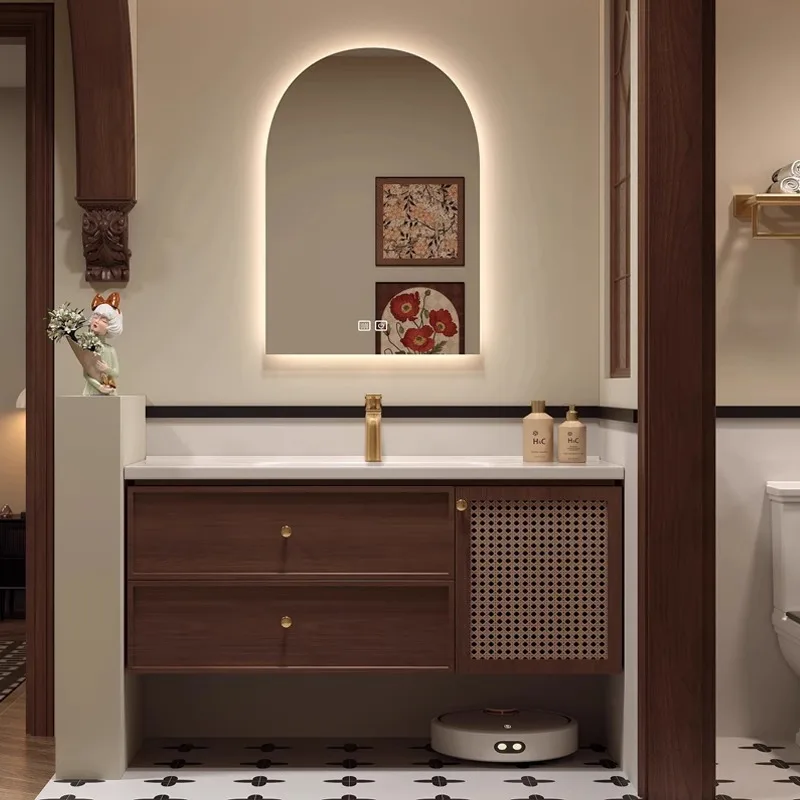 Oak solid wood bathroom cabinet ceramic integrated basin French retro rattan combination medium and ancient style washing table
Oak solid wood bathroom cabinet ceramic integrated basin French retro rattan combination medium and ancient style washing table