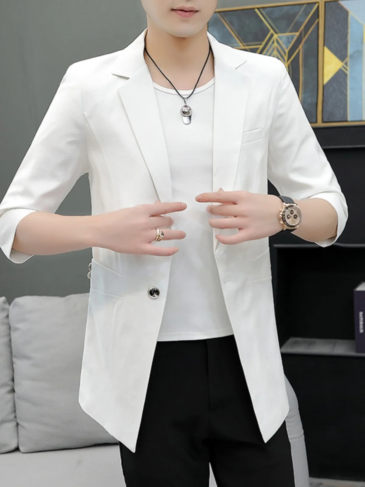 Летний мужской повседневный пиджак средней длины, тонкий, модный, деловой, белый, с рукавом три четверти
Летний мужской повседневный пиджак средней длины, тонкий, модный, деловой, белый, с рукавом три четверти