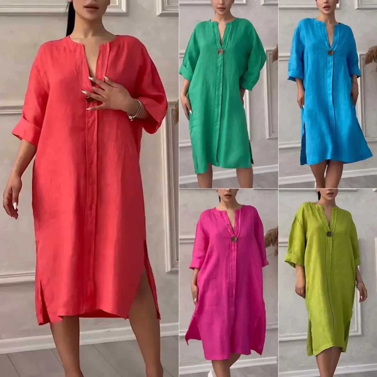 Women Loose Dress Solid Half Sleeve Spliced Casual Dresses V Neck Button Split Long Vestidos Vintage Spring Summer 2025
Women Loose Dress Solid Half Sleeve Spliced Casual Dresses V Neck Button Split Long Vestidos Vintage Spring Summer 2025