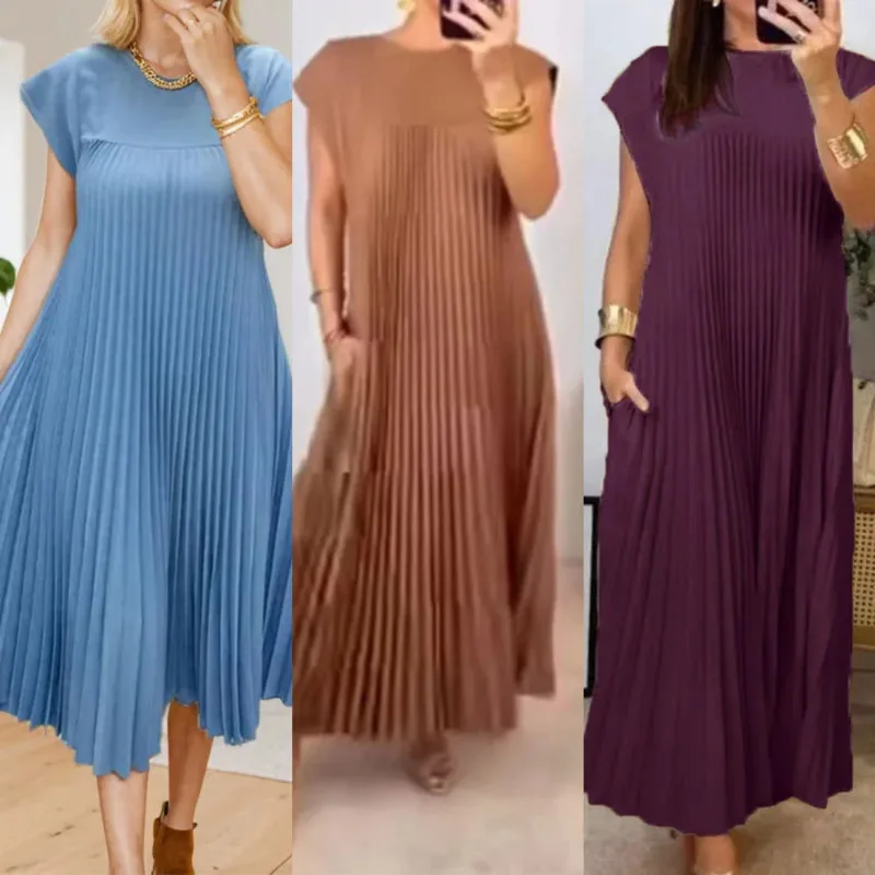 Elegant Round Neck Sleeveless Pleated Long Dress Summer Solid Color Casual Loose Oversized Vest Fashion Women's A-line Dresses
Elegant Round Neck Sleeveless Pleated Long Dress Summer Solid Color Casual Loose Oversized Vest Fashion Women's A-line Dresses