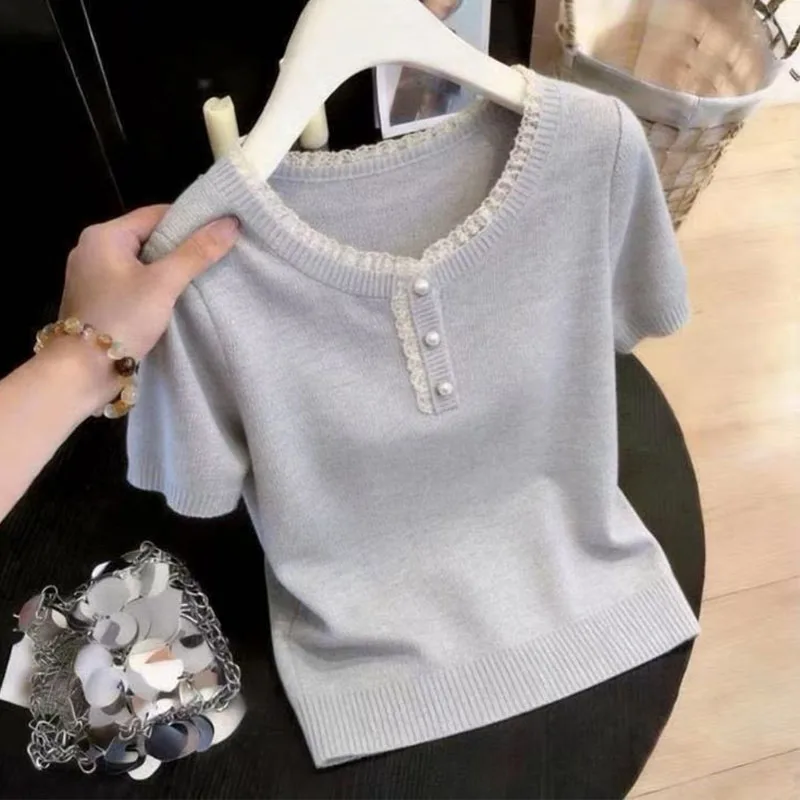 Knitted Sweater Women Pullovers New Summer O-Neck Knitwears Short Sleeve Lace Knit Sweater Pullover Women Tops Sweaters Q3767
Knitted Sweater Women Pullovers New Summer O-Neck Knitwears Short Sleeve Lace Knit Sweater Pullover Women Tops Sweaters Q3767