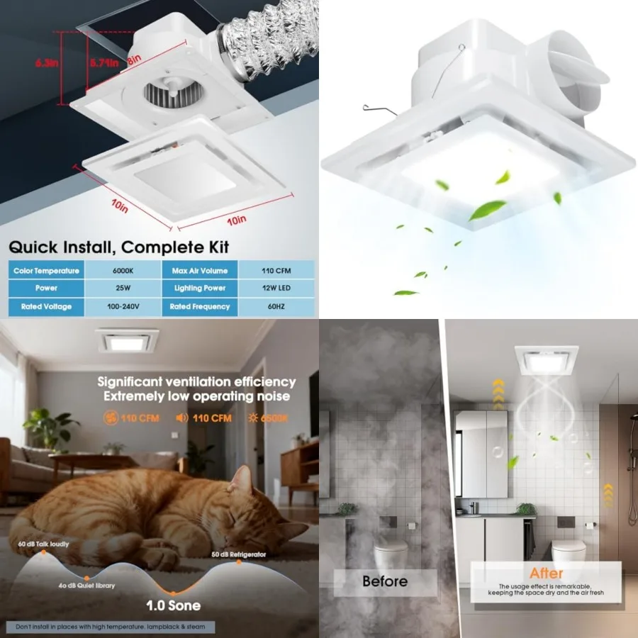 Bathroom Exhaust Fan with Light, Ceiling Mount, 110 CFM 1.0 Sones 4 Inch Duct, Quiet Square Bath Fan Light Combo, Shower Exhaus
Bathroom Exhaust Fan with Light, Ceiling Mount, 110 CFM 1.0 Sones 4 Inch Duct, Quiet Square Bath Fan Light Combo, Shower Exhaus