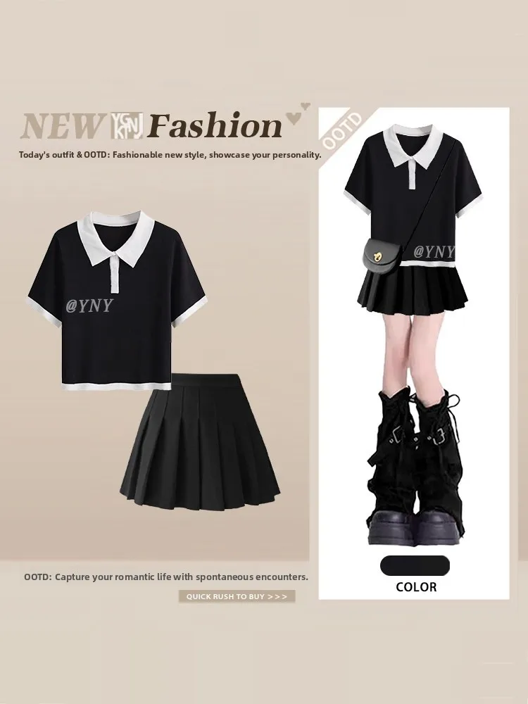 Summer Slimming Short Sleeve T-Shirt Skirt Set Women's Fashionable Two-Piece Ensemble College Style Contrast Color Collar Design
Summer Slimming Short Sleeve T-Shirt Skirt Set Women's Fashionable Two-Piece Ensemble College Style Contrast Color Collar Design
