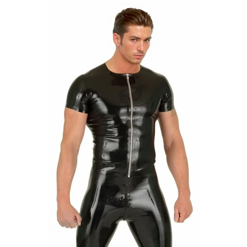 Customized latex top men's black latex bodysuit short sleeves front zipper rubber costume handmade club wear
Customized latex top men's black latex bodysuit short sleeves front zipper rubber costume handmade club wear