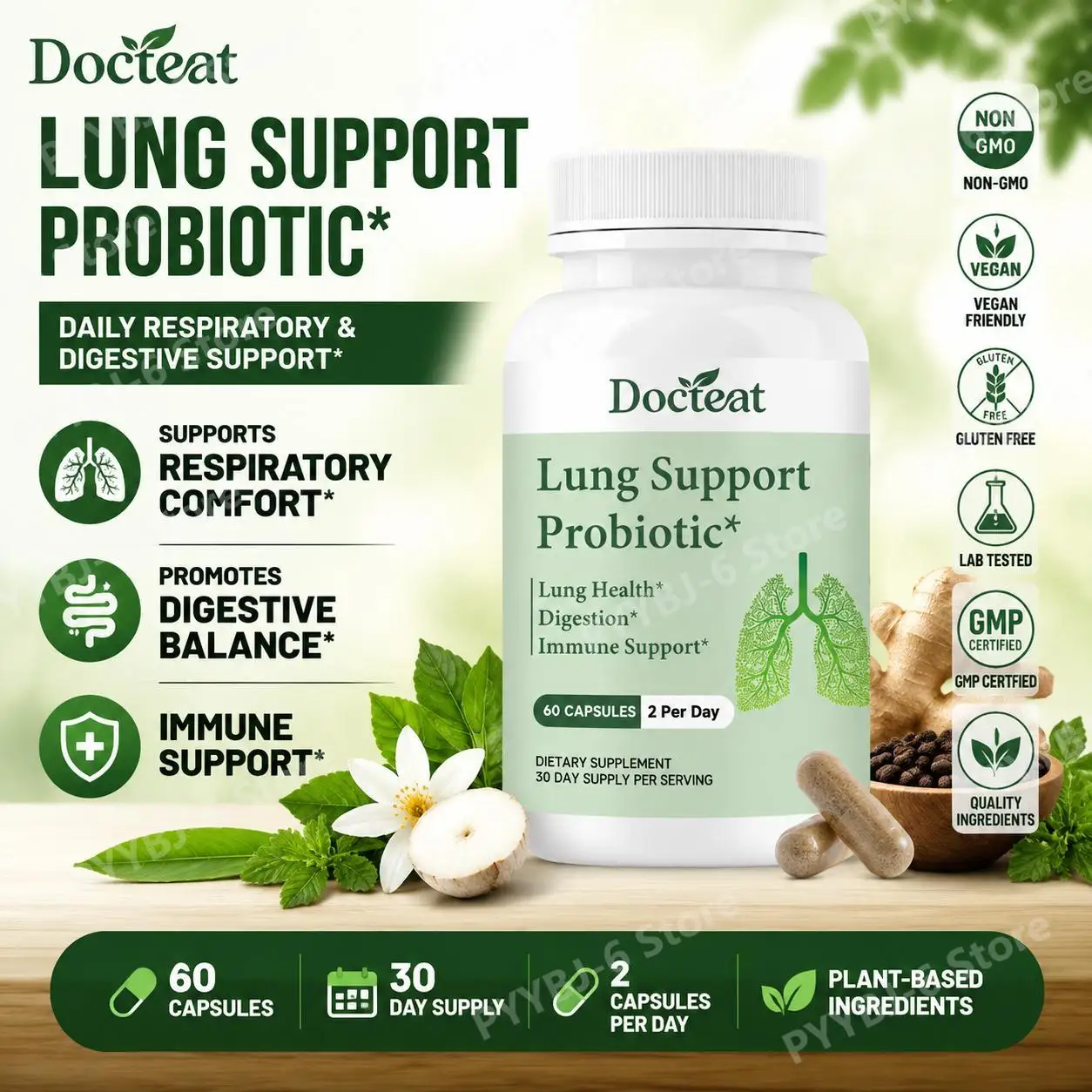 Docteat Lung Support Probiotic Capsules for Daily Respiratory Comfort and Digestive Balance with Probiotic Blend 60 Capsules
Docteat Lung Support Probiotic Capsules for Daily Respiratory Comfort and Digestive Balance with Probiotic Blend 60 Capsules