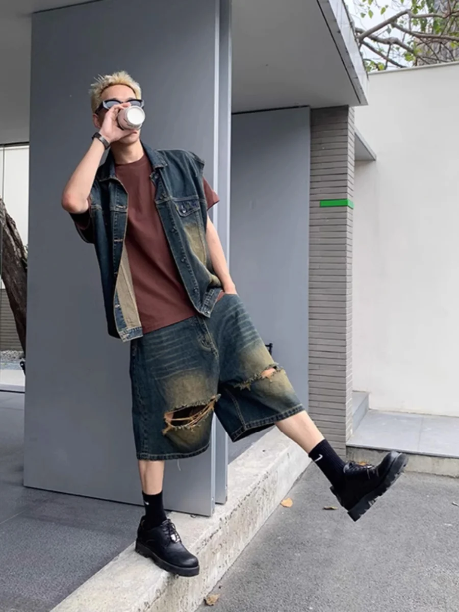 American Retro Waed Denim Vest ex Summer Streetwear Five-Point Loose Svel Jaet Youth Faion Casual Outerwear
American Retro Waed Denim Vest ex Summer Streetwear Five-Point Loose Svel Jaet Youth Faion Casual Outerwear