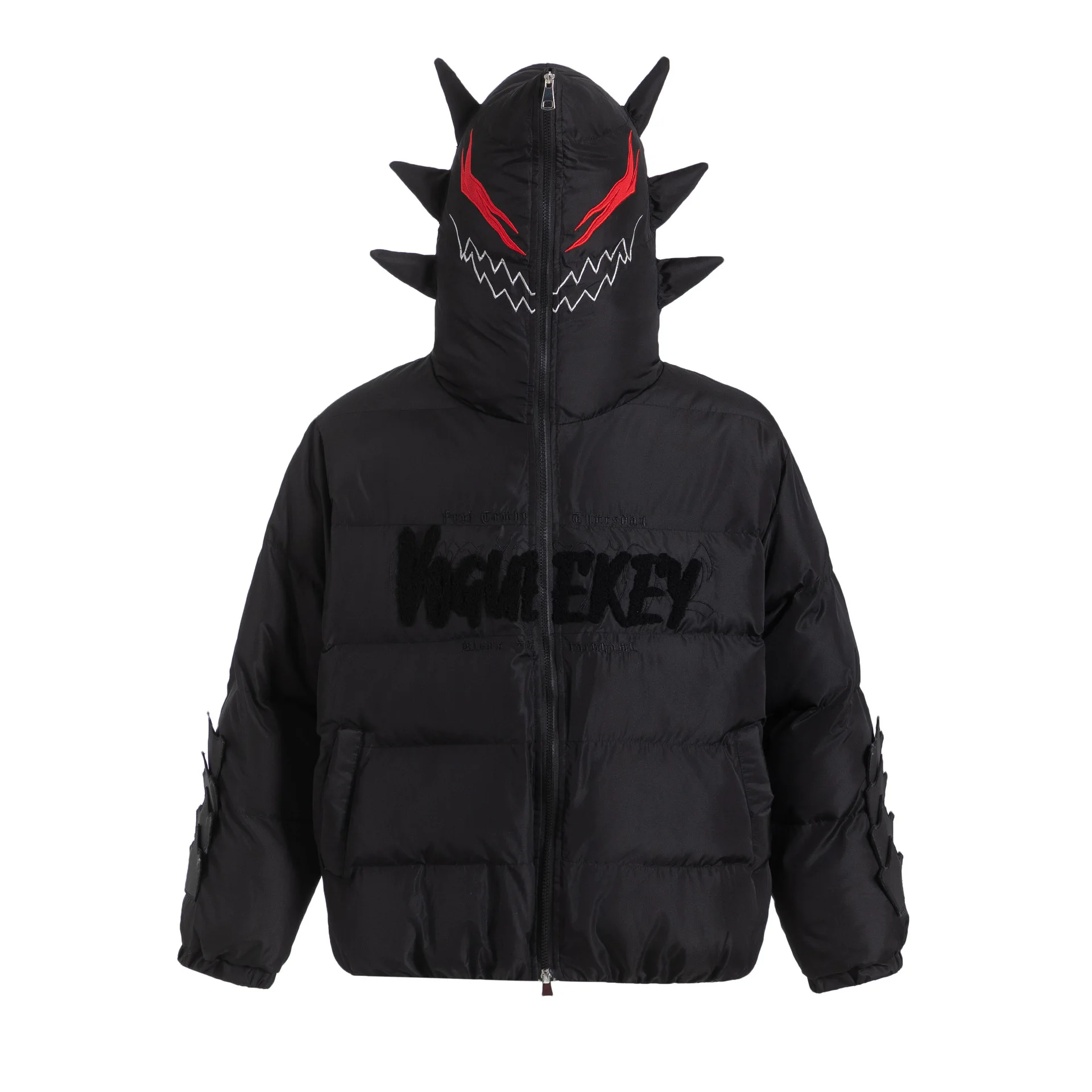 Halloween Devil Full-Zip Men's Jackets, Mans Black Parka With Spiked Hood, Oversized Streetwear Winter Puffer Coat
Halloween Devil Full-Zip Men's Jackets, Mans Black Parka With Spiked Hood, Oversized Streetwear Winter Puffer Coat