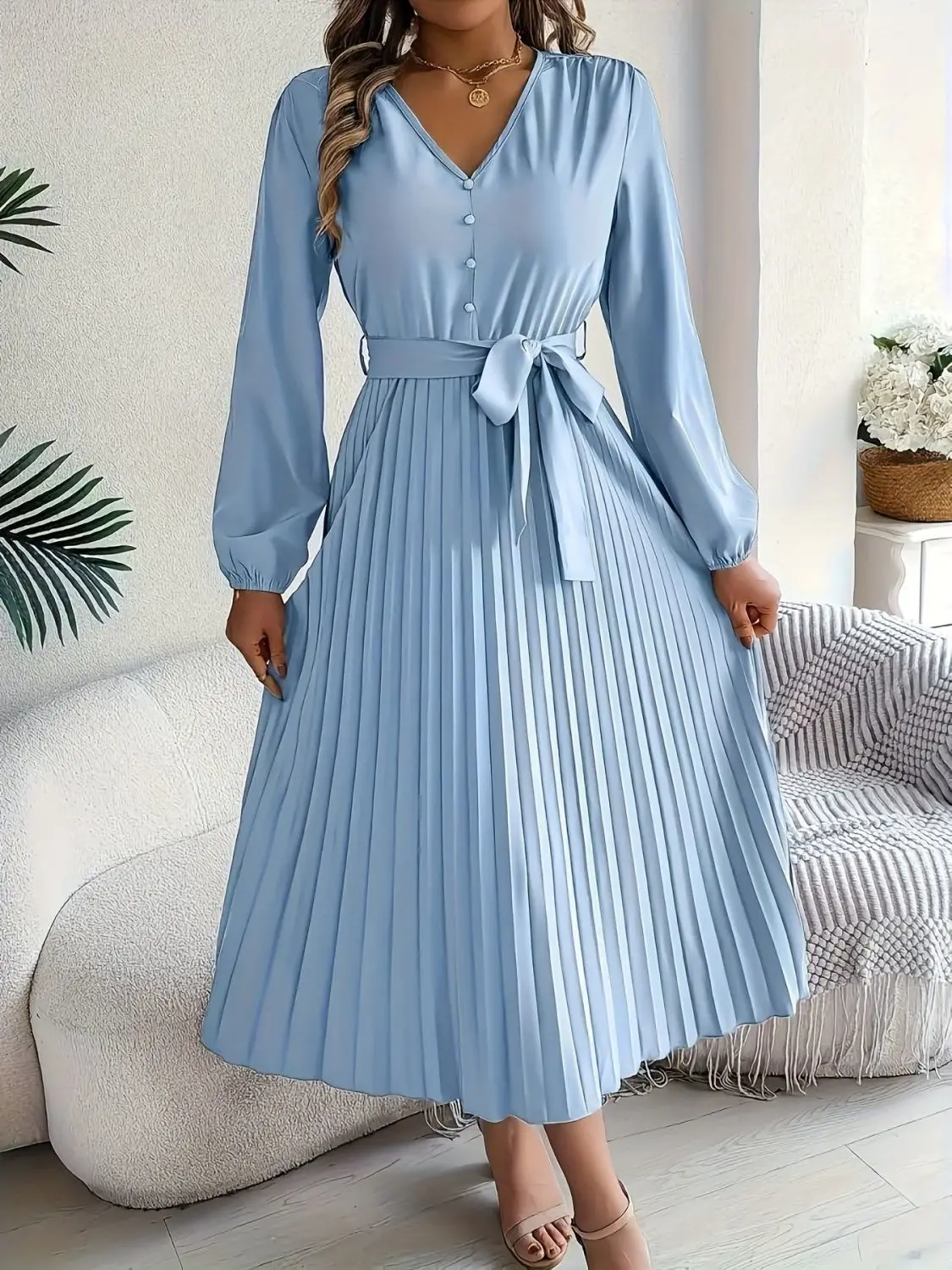 Korean Style Long Sleeve V-Neck Lantern Sleeve Maxi Dress with Belt Large Hem Pleated Silhouette Women's Fashion Dress
Korean Style Long Sleeve V-Neck Lantern Sleeve Maxi Dress with Belt Large Hem Pleated Silhouette Women's Fashion Dress