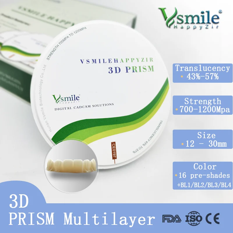 3D PRISM Multilayer Zirconia Disc with 16 Colors + Bleach 1/2/3/4 Preshaded Zirconium Dental Material for Open CADCAM System
3D PRISM Multilayer Zirconia Disc with 16 Colors + Bleach 1/2/3/4 Preshaded Zirconium Dental Material for Open CADCAM System