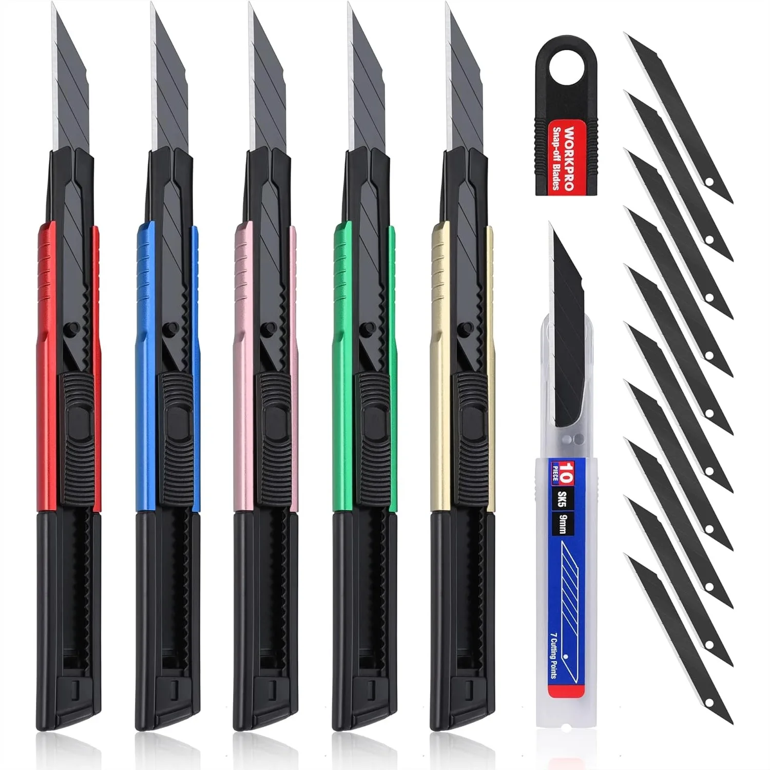 Heavy Duty Utility Knife Retractable Snap Off Blade Aluminum Box Cutter Set With 10 Extra 9mm Blades Pack Of 5
Heavy Duty Utility Knife Retractable Snap Off Blade Aluminum Box Cutter Set With 10 Extra 9mm Blades Pack Of 5