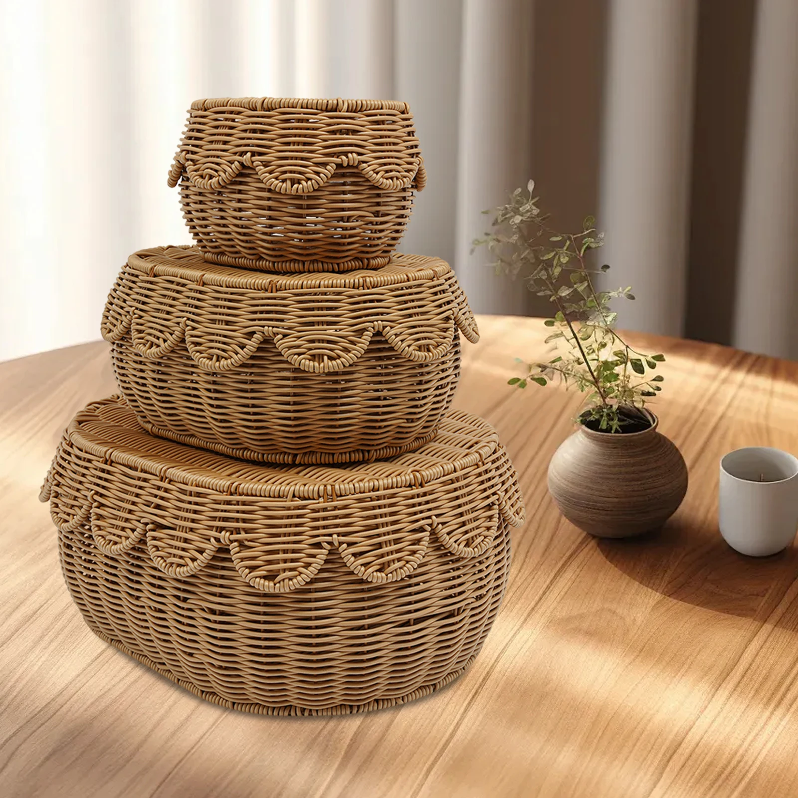 3Pcs Woven Storage Baskets with Lids - Decorative Rattan Style Organizer Bins for Bedroom - Lightweight Stackable Basket Set
3Pcs Woven Storage Baskets with Lids - Decorative Rattan Style Organizer Bins for Bedroom - Lightweight Stackable Basket Set