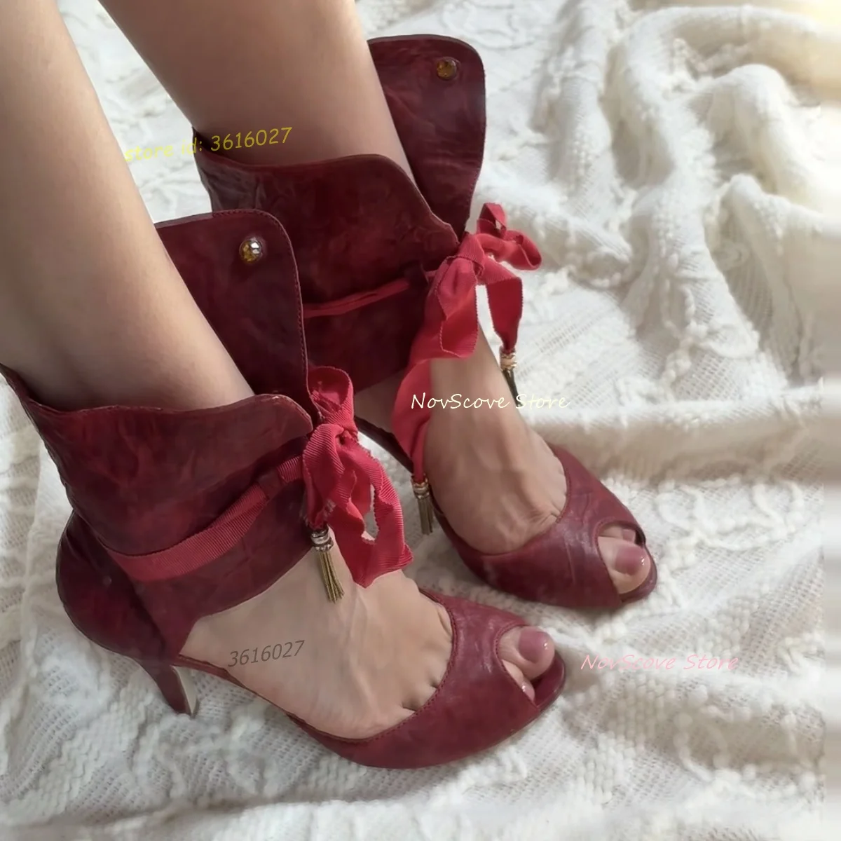 Red Peep Toe Cutouts Mid-Calf Sandals Lace Up Cover Heel Studded Shallow High Heels Sandals Booties Tassels Summer Vintage Shoes
Red Peep Toe Cutouts Mid-Calf Sandals Lace Up Cover Heel Studded Shallow High Heels Sandals Booties Tassels Summer Vintage Shoes