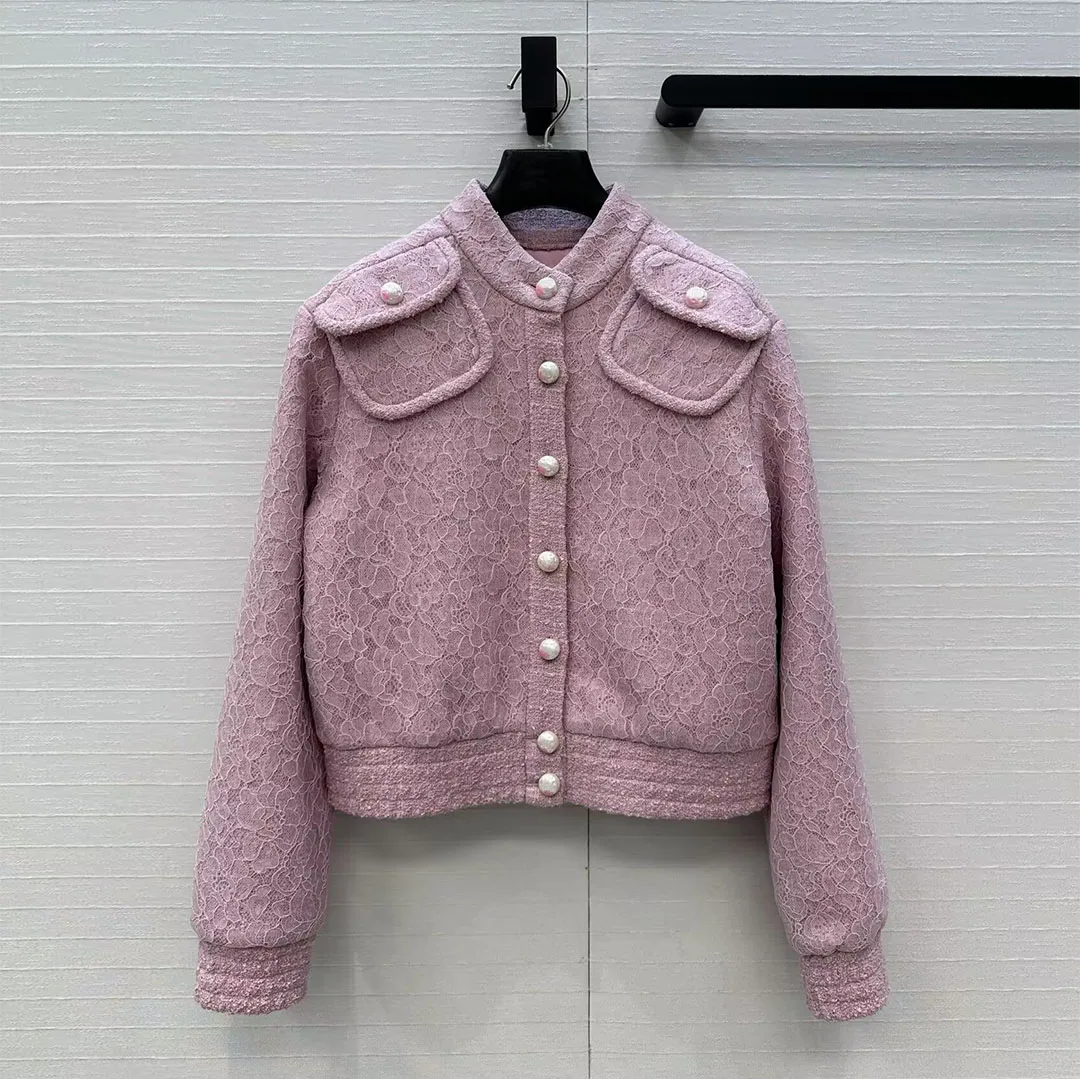 New Fashion Pink Lace Tweed Jacket Women Pearl Pocket decoration Stand Collar Single Breasted Long Sleeve Sweet Retro Short Coat
New Fashion Pink Lace Tweed Jacket Women Pearl Pocket decoration Stand Collar Single Breasted Long Sleeve Sweet Retro Short Coat