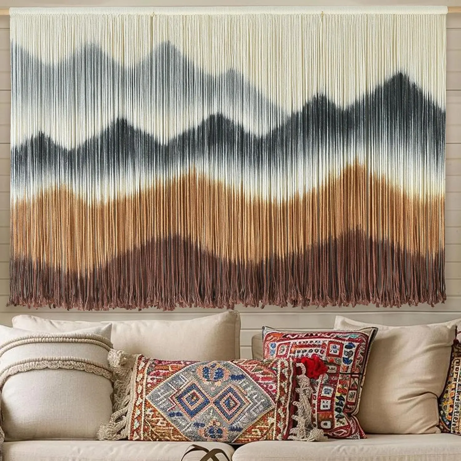 Macrame Wall Hanging Mountain Art Dip-Dyed Fiber Decor 57"x35"
Macrame Wall Hanging Mountain Art Dip-Dyed Fiber Decor 57"x35"