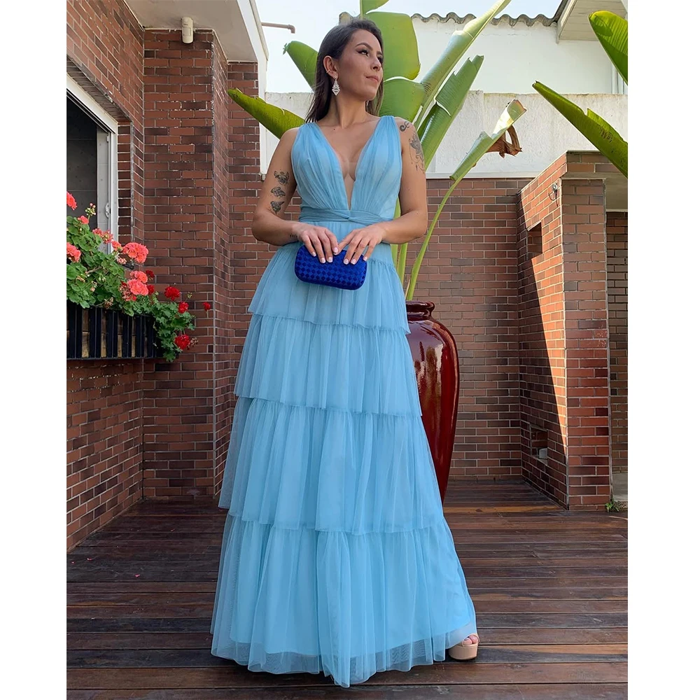 Blue Tulle Evening Dresses Elegant Deep V-Neck Sleeveless Customized Long Prom Gown A-Line Tiered Draped Party Dresses 2025
Blue Tulle Evening Dresses Elegant Deep V-Neck Sleeveless Customized Long Prom Gown A-Line Tiered Draped Party Dresses 2025