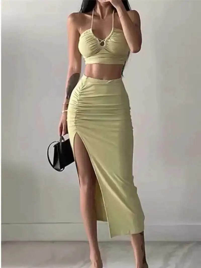 Women's Summer New Hanging Neck Lace Up Solid Color Slim Top+High Waisted Side Split A-line Long Skirt Two Piece Set JHEP
Women's Summer New Hanging Neck Lace Up Solid Color Slim Top+High Waisted Side Split A-line Long Skirt Two Piece Set JHEP