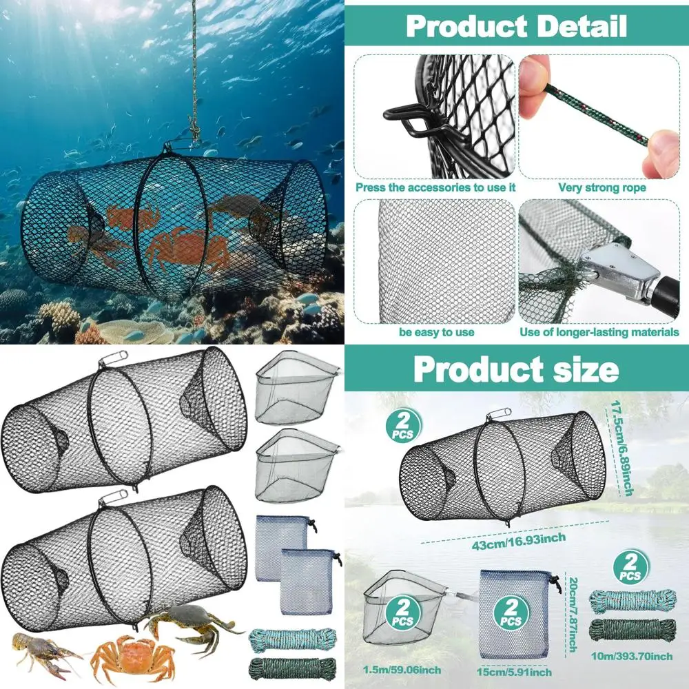 Двойные ловушки для раков, крабов и омаров с пружинными зажимами, веревками, мешком для наживки и подсачеком - Fis
Двойные ловушки для раков, крабов и омаров с пружинными зажимами, веревками, мешком для наживки и подсачеком - Fis