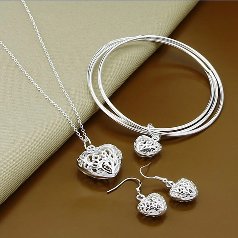 925 Sterling Silver Hollow Out Heart Pendant Necklaces Bangle Bracelets Earrings Jewelry Set
925 Sterling Silver Hollow Out Heart Pendant Necklaces Bangle Bracelets Earrings Jewelry Set
