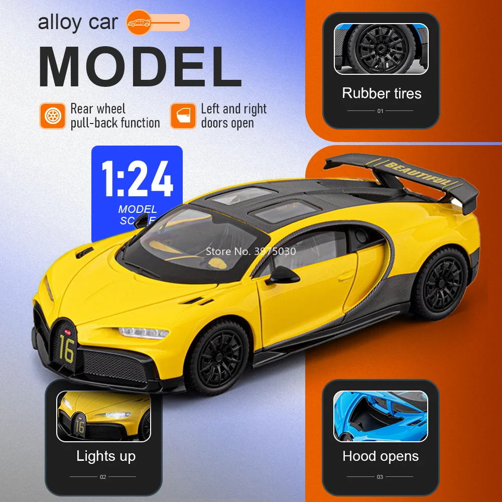 1:24 Bugatti Chiron Sports Car Alloy Diecast Miniature Toy Model Sound Light Pull Back Doors Opened Vehices Perfect Gift for Kid
1:24 Bugatti Chiron Sports Car Alloy Diecast Miniature Toy Model Sound Light Pull Back Doors Opened Vehices Perfect Gift for Kid
