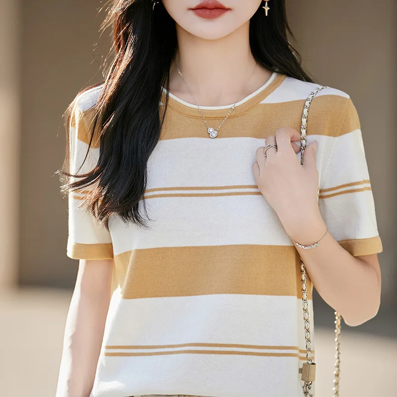 Women 100% All Cotton O-neck Knitwear Spring Summer Striped Pullover Fashion Short sleeves Basic natural fiber Pure Cotton Tops
Women 100% All Cotton O-neck Knitwear Spring Summer Striped Pullover Fashion Short sleeves Basic natural fiber Pure Cotton Tops