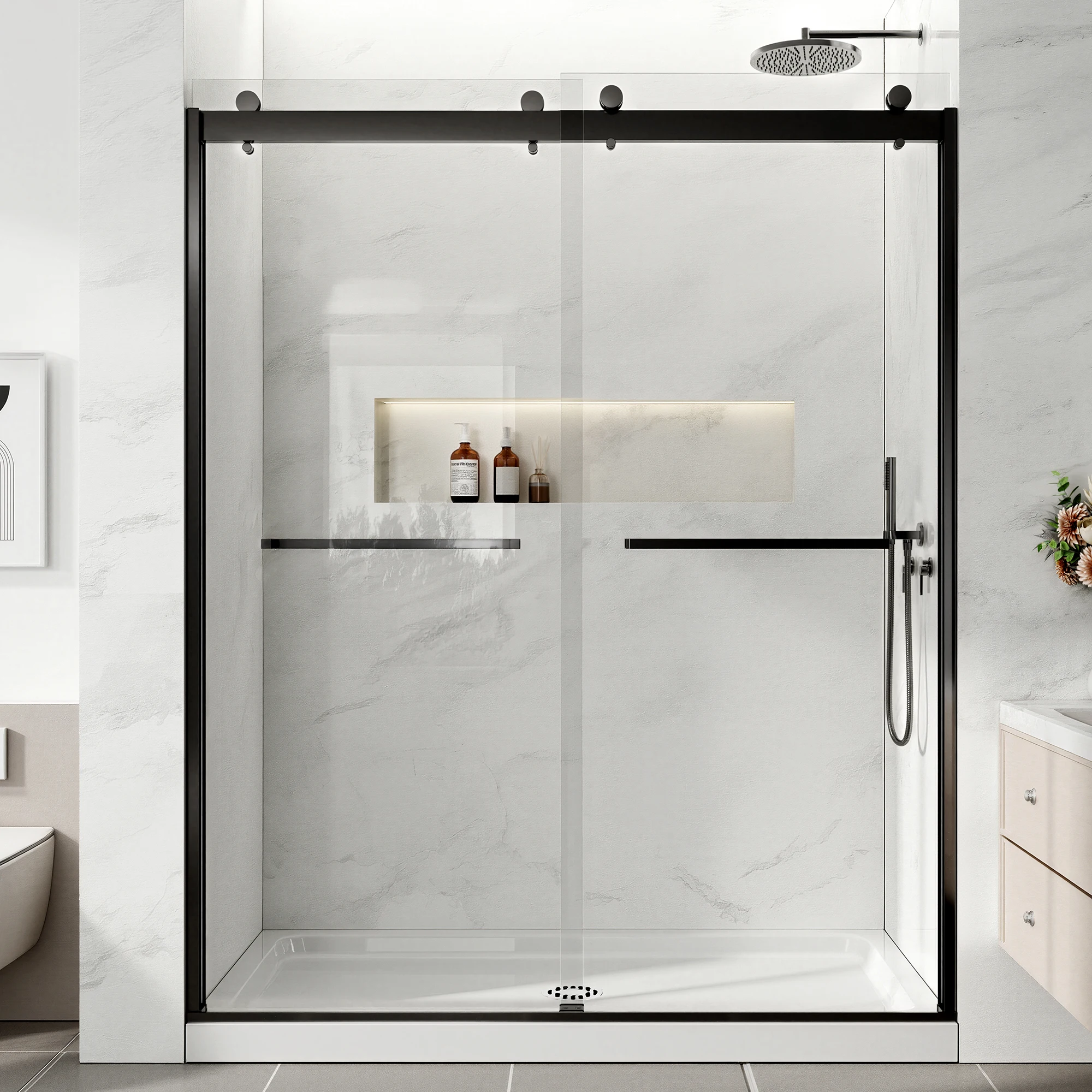 Adjustable 60"W×74"H Frameless Bypass Shower Enclosure,5 Inch Flexible Cuttable Top Track,Reversible Left-Right Sliding,ANSI Certified Nano Coated Safety Glass
Adjustable 60"W×74"H Frameless Bypass Shower Enclosure,5 Inch Flexible Cuttable Top Track,Reversible Left-Right Sliding,ANSI Certified Nano Coated Safety Glass