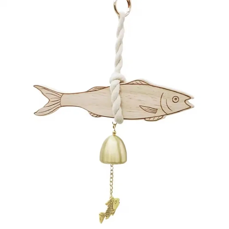 Handcrafted Wooden Fish Sculpture with Bell: Beach & Marine Theme Door Chime, Rustic Nautical Pendant Ornament for Coastal Decor 
Handcrafted Wooden Fish Sculpture with Bell: Beach & Marine Theme Door Chime, Rustic Nautical Pendant Ornament for Coastal Decor