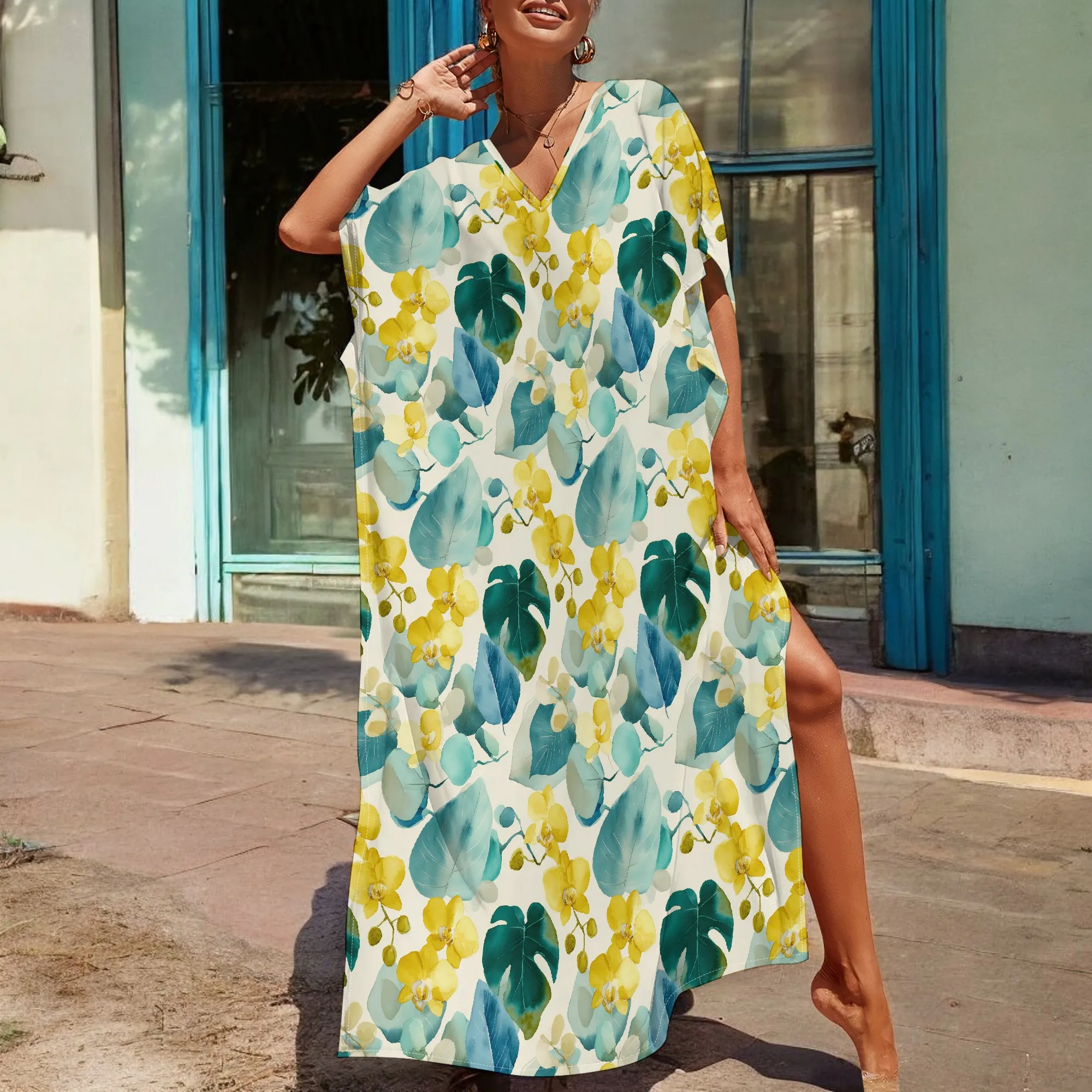 Tropical Floral Kaftan Dress Yellow Orchid Leaf Print V-Neck Maxi Robe for Women Summer Vacation 2025 New Arrival
Tropical Floral Kaftan Dress Yellow Orchid Leaf Print V-Neck Maxi Robe for Women Summer Vacation 2025 New Arrival