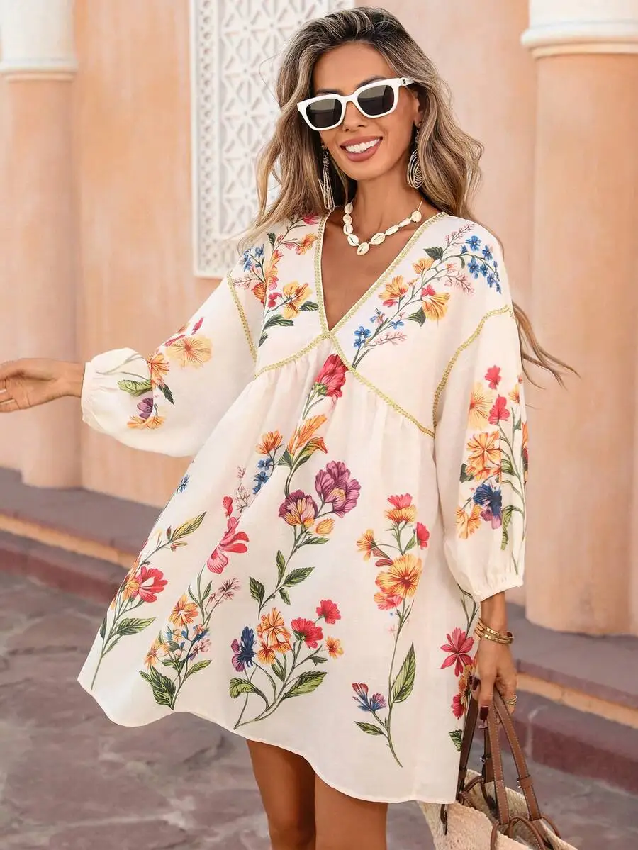 Womens V-Neck Floral Print Loose Dress With Bubble Sleeves Gold Trim Casual Holiday
Womens V-Neck Floral Print Loose Dress With Bubble Sleeves Gold Trim Casual Holiday