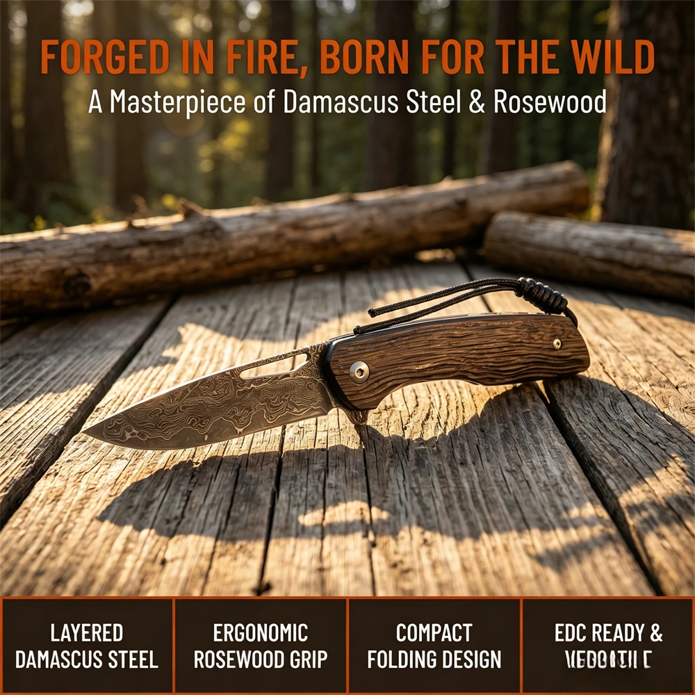 Compact Pocket Folding Knife High Hardness Damascus Steel Wear-resistant Blade Natural Rosewood Grip for Fruit Camping Fishing
Compact Pocket Folding Knife High Hardness Damascus Steel Wear-resistant Blade Natural Rosewood Grip for Fruit Camping Fishing