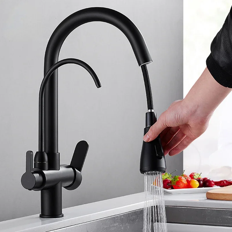 Matte Black Pure Water Kitchen Faucet Dual Handle Hot and Cold Drinking Water Pull Out Kitchen Mixer Taps
Matte Black Pure Water Kitchen Faucet Dual Handle Hot and Cold Drinking Water Pull Out Kitchen Mixer Taps