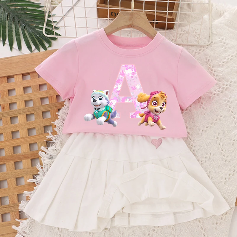 PAW Patrols Short Sleeved Pleated Skirt Set Kids T-shirt Skirt 2pcs Suit Girl Skye Everest A-Z Letters Print Tees Summer Clothes
PAW Patrols Short Sleeved Pleated Skirt Set Kids T-shirt Skirt 2pcs Suit Girl Skye Everest A-Z Letters Print Tees Summer Clothes