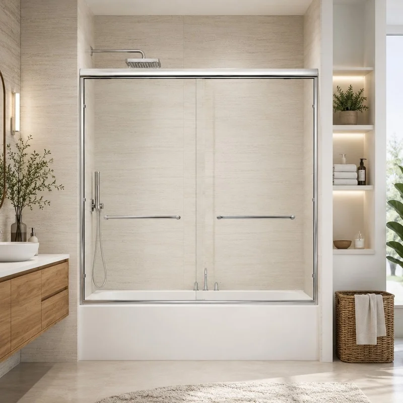 56-60" W x 57" H Framed Double Sliding Bathtub Door, 6mm Clear Tempered Glass with Safety Film and Nano Coating, Waterproof Seals, Chrome Finish
56-60" W x 57" H Framed Double Sliding Bathtub Door, 6mm Clear Tempered Glass with Safety Film and Nano Coating, Waterproof Seals, Chrome Finish