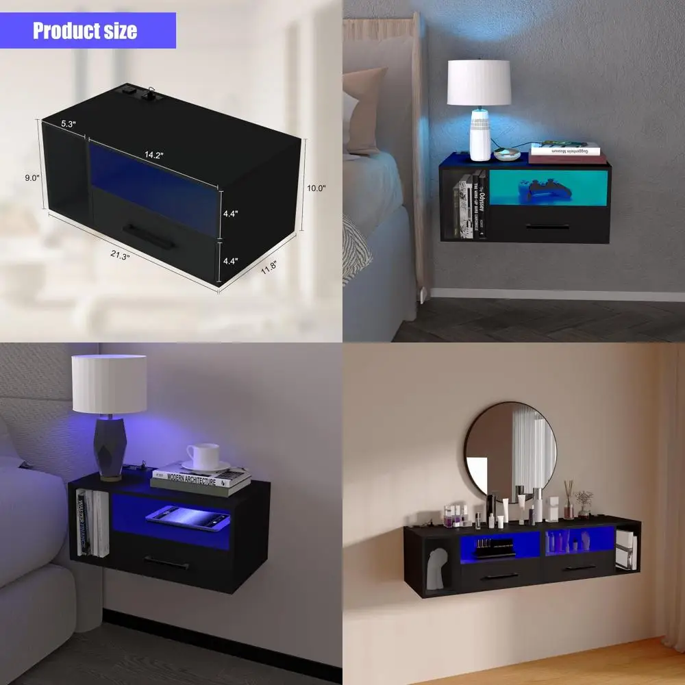 Floating Nightstand with Charging Station and LED Lights, Floating Bedside Table with Drawers Wall Mounted Nightstands,for Bedro
Floating Nightstand with Charging Station and LED Lights, Floating Bedside Table with Drawers Wall Mounted Nightstands,for Bedro