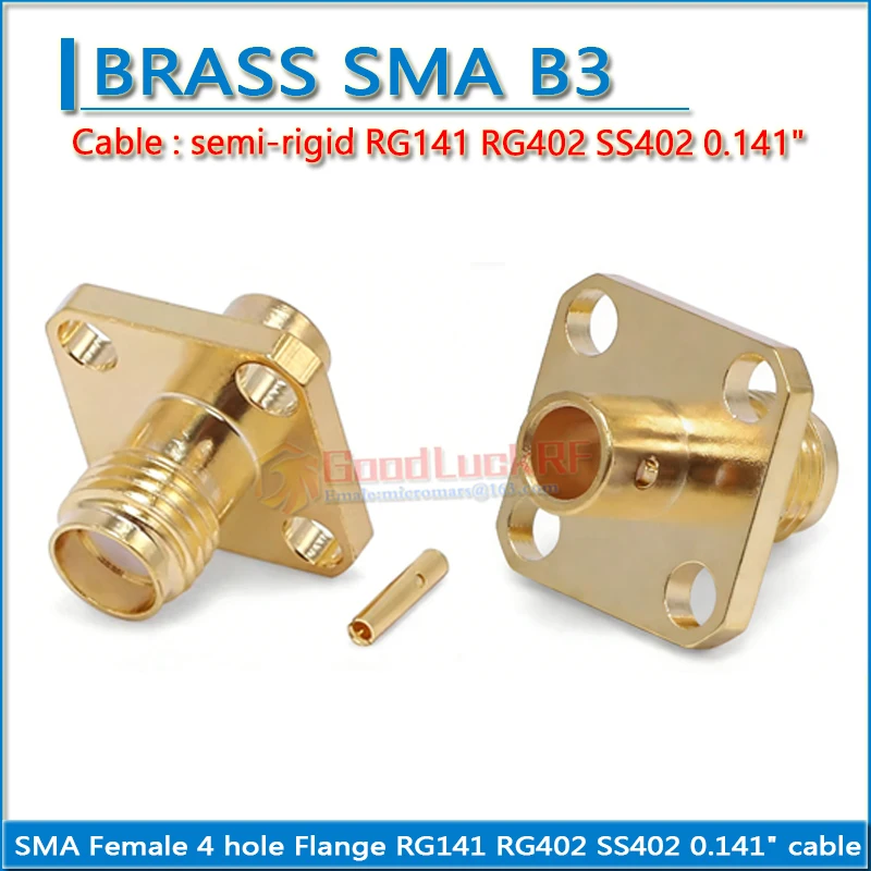 SMA Female 4 hole Flange Chassis Panel Mount Center Solder for semi-rigid RG402 0.141" cable RF Connector Adapter
SMA Female 4 hole Flange Chassis Panel Mount Center Solder for semi-rigid RG402 0.141" cable RF Connector Adapter