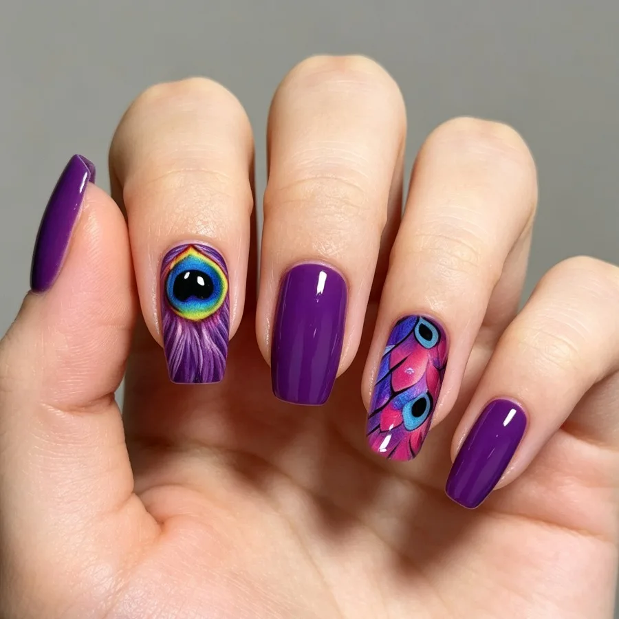 Hot-selling 24-piece manicure bright purple contrasting color peacock eye feather square armor niche medium and long square armor
Hot-selling 24-piece manicure bright purple contrasting color peacock eye feather square armor niche medium and long square armor