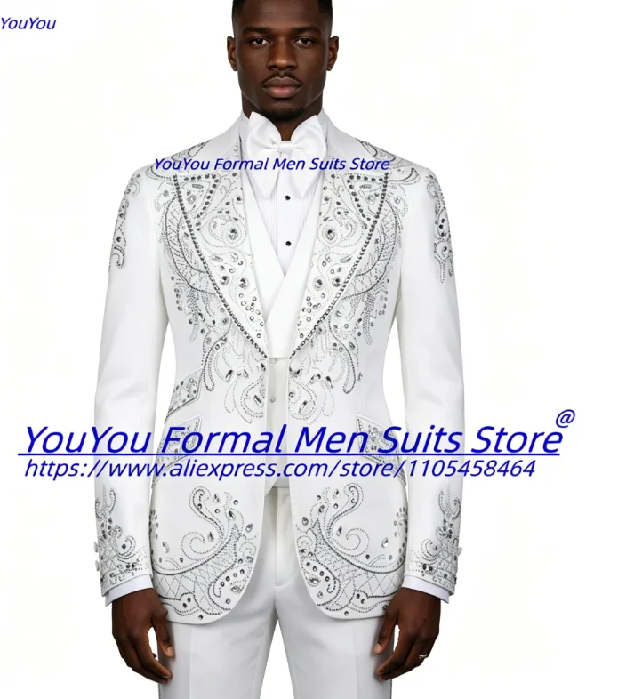 Sparkling Diamond Crystal Embroidery Prom Men Suits 3 Pcs Sets Customized Slim Fit Shawl Lapel Groom Wedding Tuxedos Ropa Hombre
Sparkling Diamond Crystal Embroidery Prom Men Suits 3 Pcs Sets Customized Slim Fit Shawl Lapel Groom Wedding Tuxedos Ropa Hombre