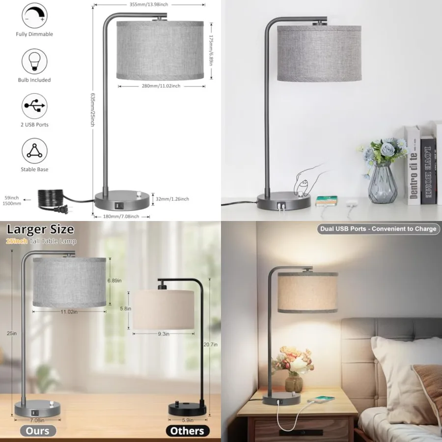 Bedside Lamp with USB C+A Charging Ports, Fully Dimmable Modern Nightstand Lamp with Grey Fabric Shade, Tall Reading Lamp Desk
Bedside Lamp with USB C+A Charging Ports, Fully Dimmable Modern Nightstand Lamp with Grey Fabric Shade, Tall Reading Lamp Desk