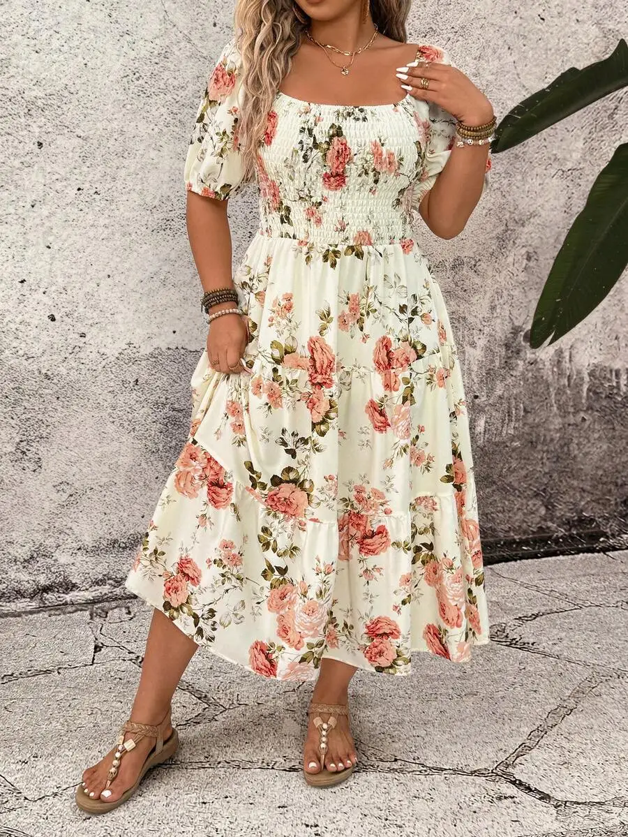 Cream Floral Print Square Neck Puff Sleeve Tiered Midi Dress For Plus Size Women Summer Casual Resort Outfit
Cream Floral Print Square Neck Puff Sleeve Tiered Midi Dress For Plus Size Women Summer Casual Resort Outfit