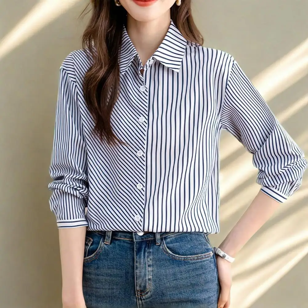 Шикарные полосатые женские блузки, офисные женские шифоновые рубашки с длинным рукавом и отложным воротником, модная женская повседневная одежда
Шикарные полосатые женские блузки, офисные женские шифоновые рубашки с длинным рукавом и отложным воротником, модная женская повседневная одежда