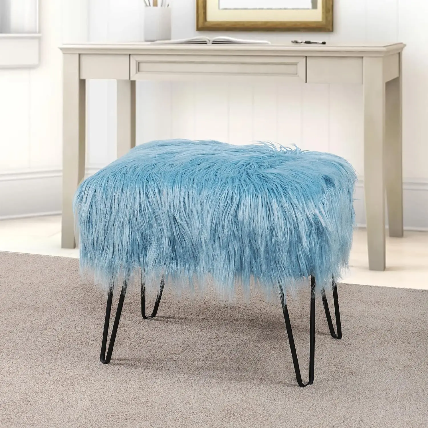 Blue Plush Faux Fur Ottoman Entryway Bench 19.5"x12.5"x17" Comfy Fluffy Shaggy Makeup Stools with Metal Leg Foot Rest St
Blue Plush Faux Fur Ottoman Entryway Bench 19.5"x12.5"x17" Comfy Fluffy Shaggy Makeup Stools with Metal Leg Foot Rest St