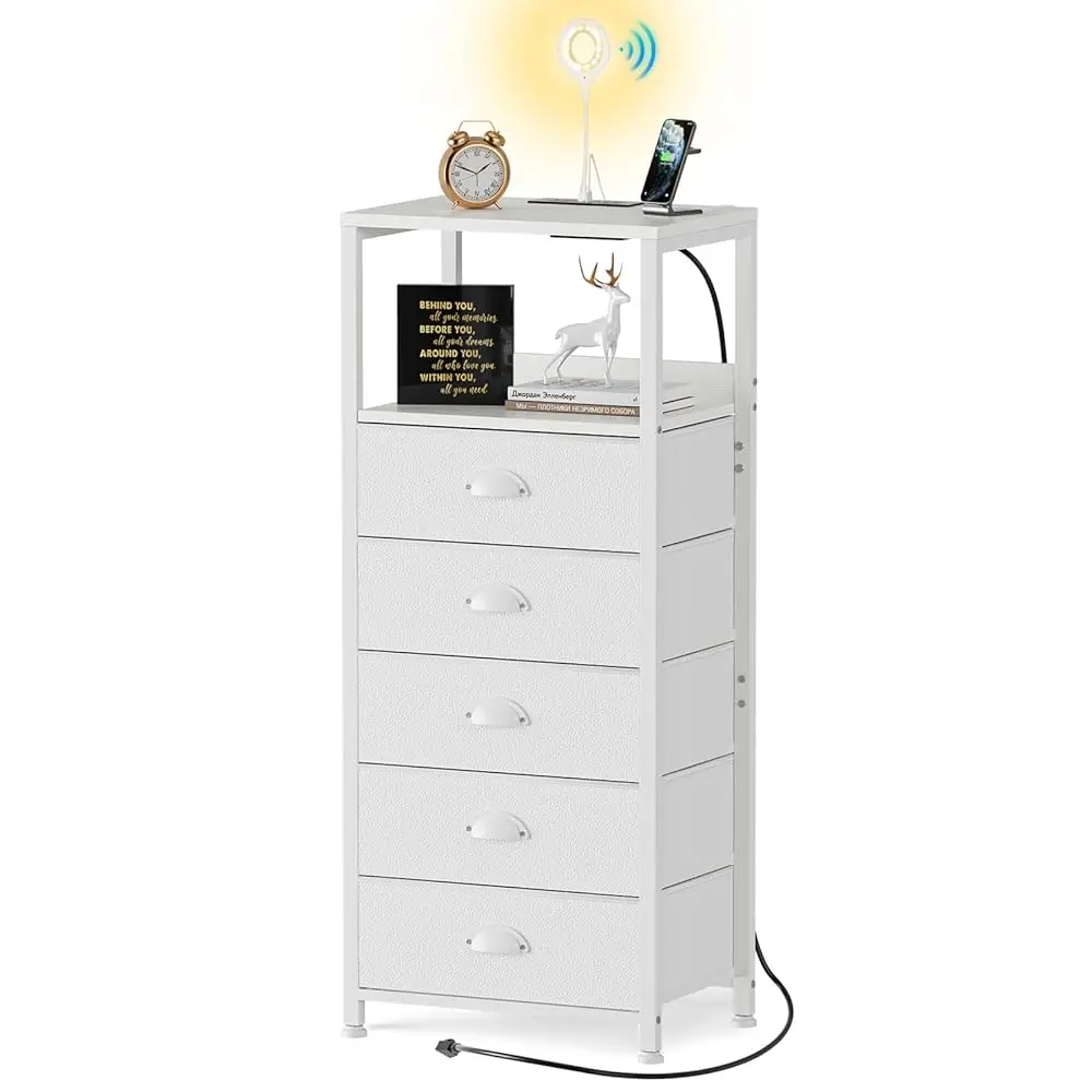 5 Drawers Dresser With Charging Station & Voice-Controlled Led Light, Tall Night Stand With Pvc & Fabric Drawers, Bedside Table
5 Drawers Dresser With Charging Station & Voice-Controlled Led Light, Tall Night Stand With Pvc & Fabric Drawers, Bedside Table