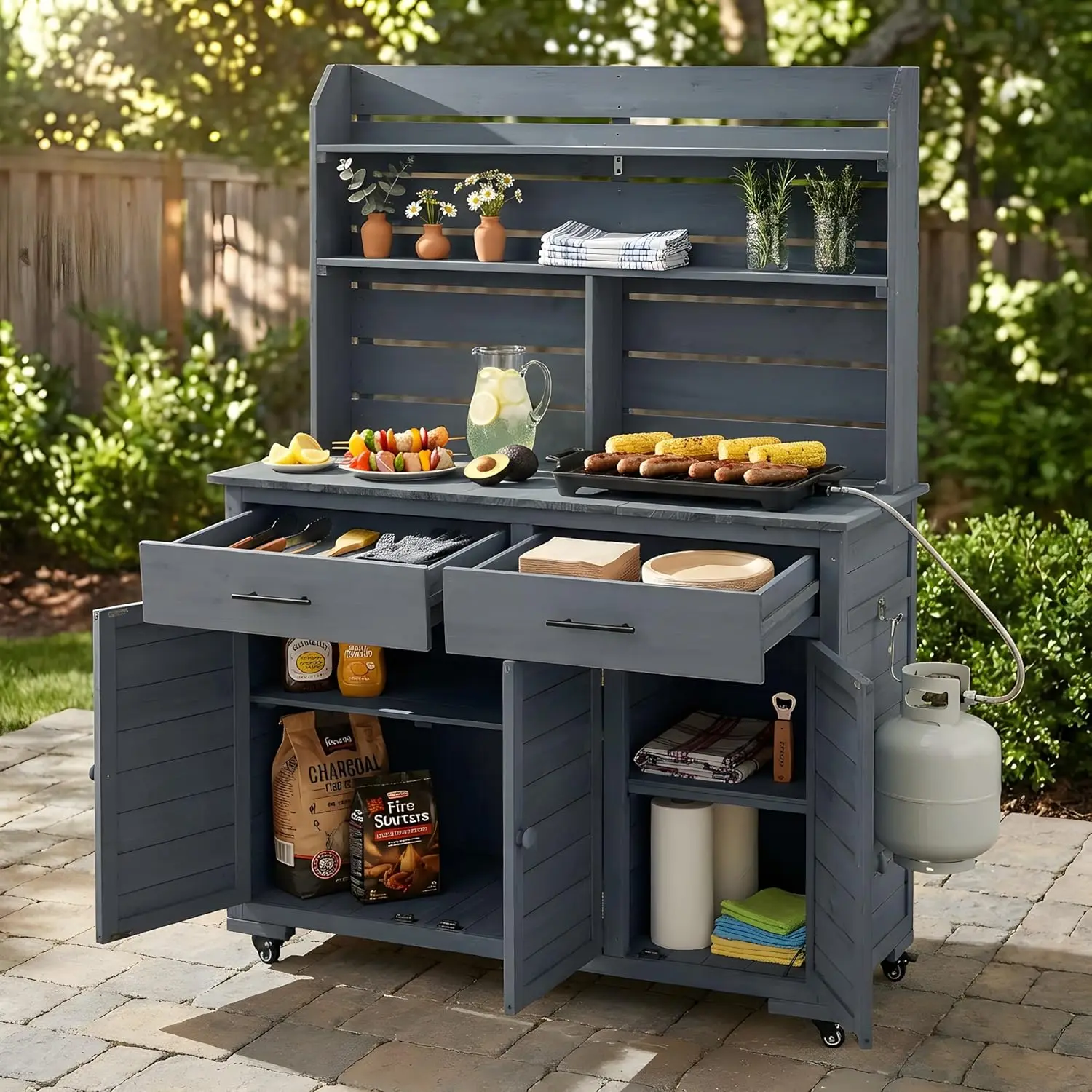 65''H Larg Garden Potting Bench with Storage Cabinet and Lockable Wheels, Wood Outdoor Kitchen Island with Drawers, Customized
65''H Larg Garden Potting Bench with Storage Cabinet and Lockable Wheels, Wood Outdoor Kitchen Island with Drawers, Customized