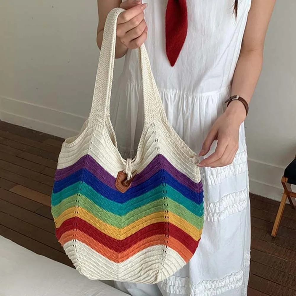 Sweet Knitted Tote Bag Large Capacity Lightweight Crochet Shoulder Bag Polyester Rainbow Color Seaside Vacation Handbag Female
Sweet Knitted Tote Bag Large Capacity Lightweight Crochet Shoulder Bag Polyester Rainbow Color Seaside Vacation Handbag Female