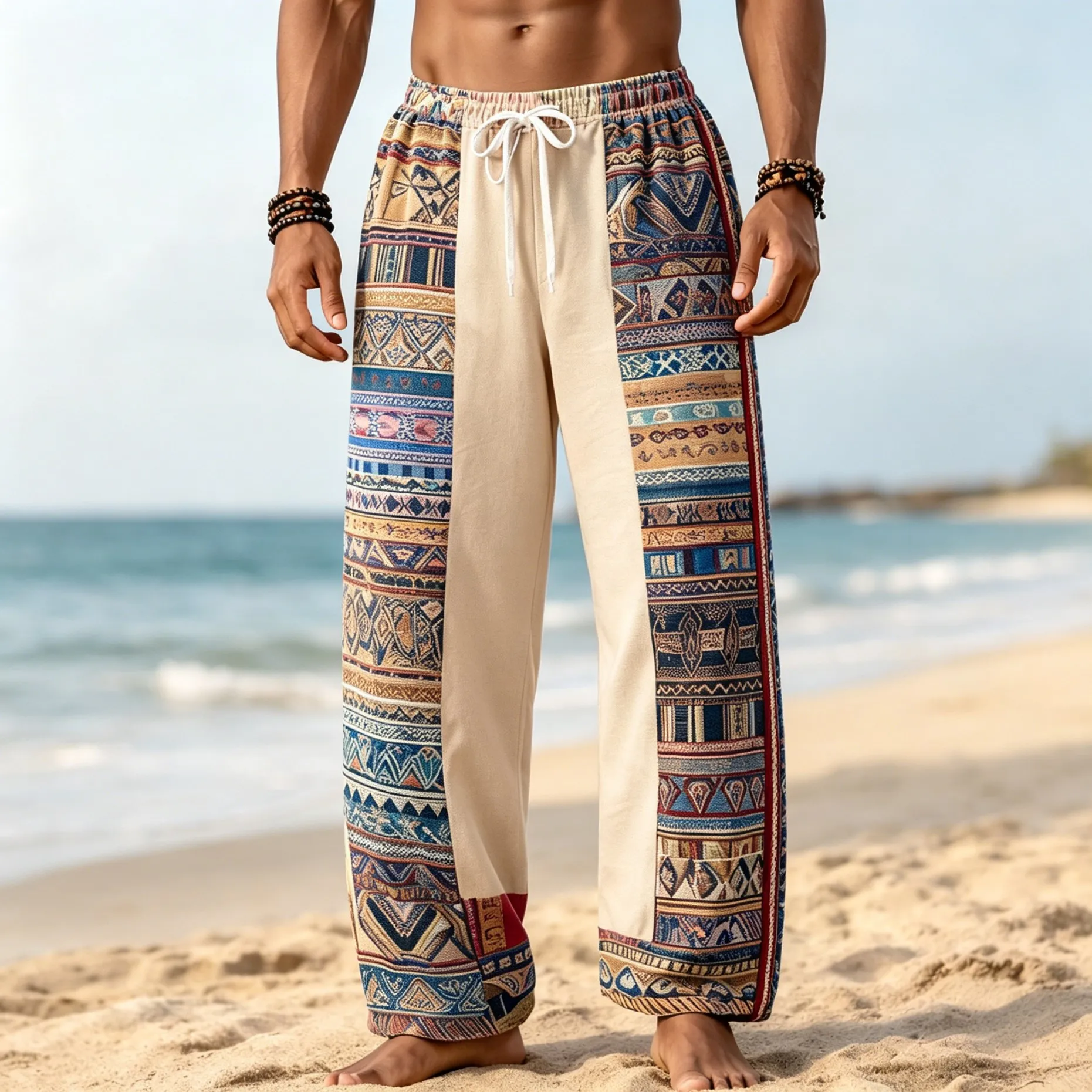 Men's Boho Tribal Geometric Patchwork Drawstring Wide Leg Pants, Casual Loose Trousers For Spring Summer Beach Daily Wear
Men's Boho Tribal Geometric Patchwork Drawstring Wide Leg Pants, Casual Loose Trousers For Spring Summer Beach Daily Wear