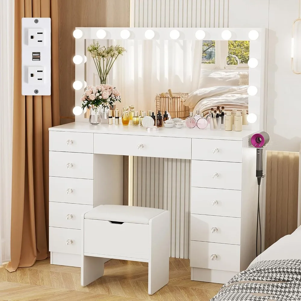 Makeup Vanity Desk with 11 Drawers and Outlet, 3 Color Lighting Modes Adjustable Brightness, 46" Vanitys Table, Vanity Desk
Makeup Vanity Desk with 11 Drawers and Outlet, 3 Color Lighting Modes Adjustable Brightness, 46" Vanitys Table, Vanity Desk