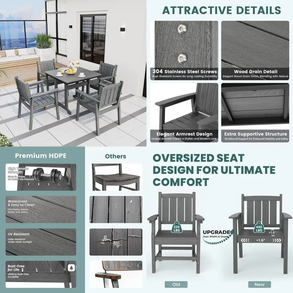 Gray Spacious HDPE Outdoor Dining Set with Elegant Armrests and Umbrella Hole
Gray Spacious HDPE Outdoor Dining Set with Elegant Armrests and Umbrella Hole