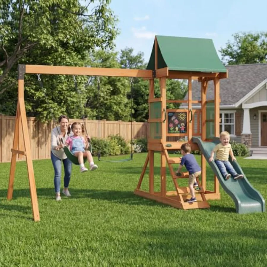 Backyard wooden swing set in green: outdoor kids playground with 6 ft wave slide, rock wall ladder, 2 belt swings, chalkboard,
Backyard wooden swing set in green: outdoor kids playground with 6 ft wave slide, rock wall ladder, 2 belt swings, chalkboard,