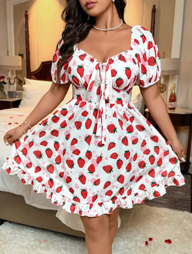 Strawberry Print Plus Size Dress Women Sexy Slim Tie-up Sweetheart Neck Puff Sleeve A-line Short Ruffle Dresses for Daily Party
Strawberry Print Plus Size Dress Women Sexy Slim Tie-up Sweetheart Neck Puff Sleeve A-line Short Ruffle Dresses for Daily Party