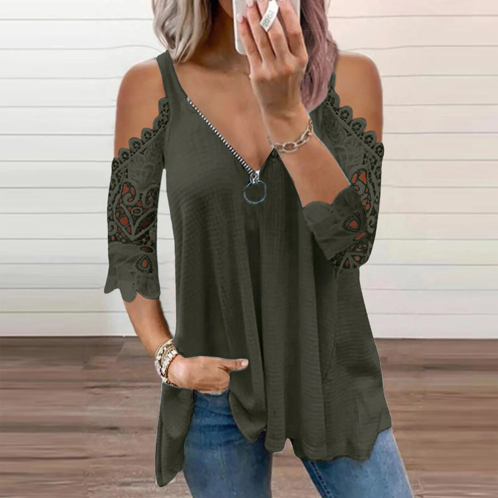 Womens Sexy V Neck Zipper Solid Short Sleeve Fold Casual Blouse Tops Off-the-shoulder Sexy V Neck Zipper Fashion Women's Blouse
Womens Sexy V Neck Zipper Solid Short Sleeve Fold Casual Blouse Tops Off-the-shoulder Sexy V Neck Zipper Fashion Women's Blouse